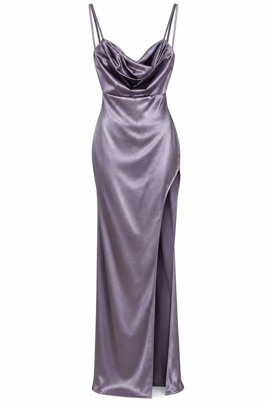 Windsor Lola Satin Cowl Neck Maxi Dress Lavender XS NWT High Slit Prom Formal